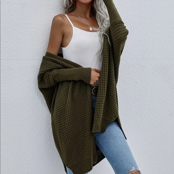 Boho knit batwing sleeve open cardigan dark green - Picture 16 of 16